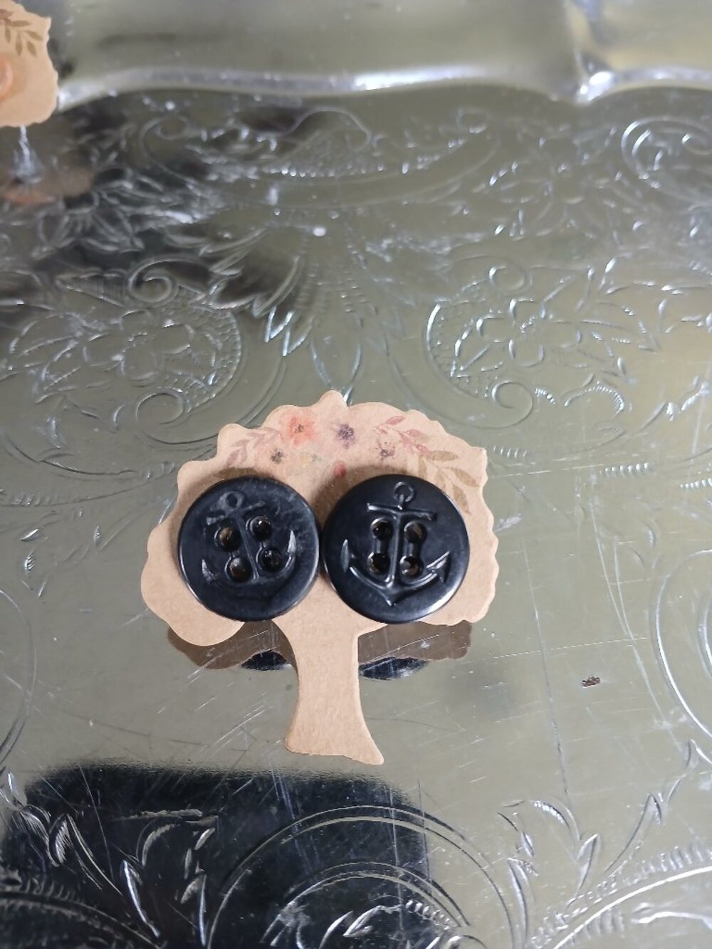 Black Anchor Vintage Button Earrings